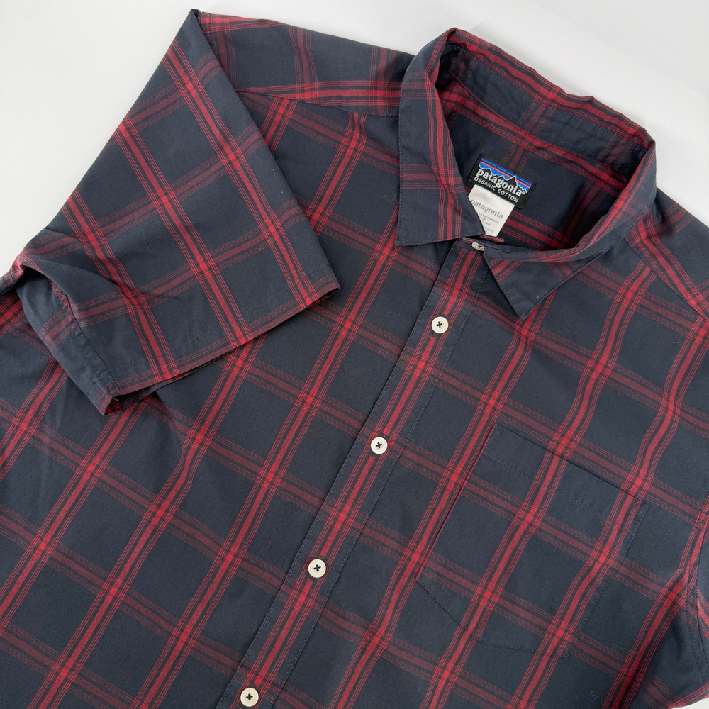 Patagonia Plaid Button Down Shirt Mens Large Navy Red Organic Cotton Blend